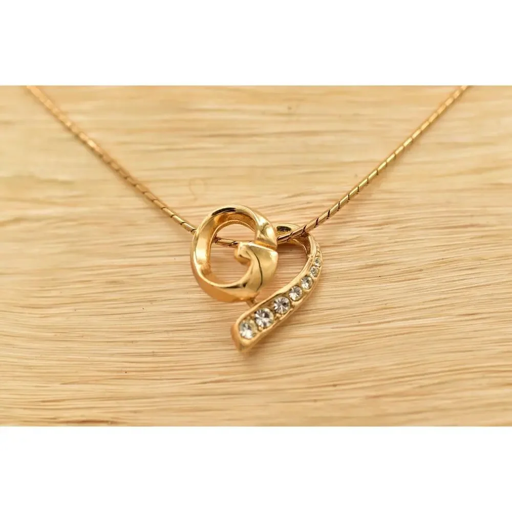 Givenchy Vintage Logo Heart Necklace Gold Crystal G Pendant Signed NOS 80s BinBD